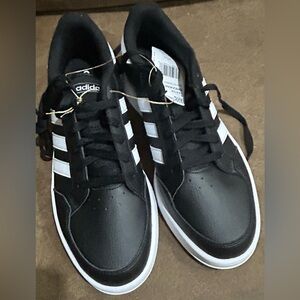 NIB- Adidas Men's Black Sneakers with White Stripes Size 9.5